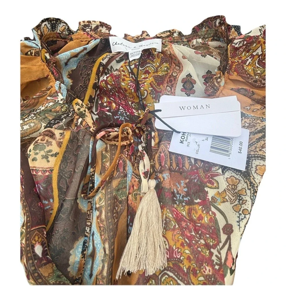 Chelsea Theodore Shirt Womens 3XL Paisley Ruffle Neck Party Peasant Blouse